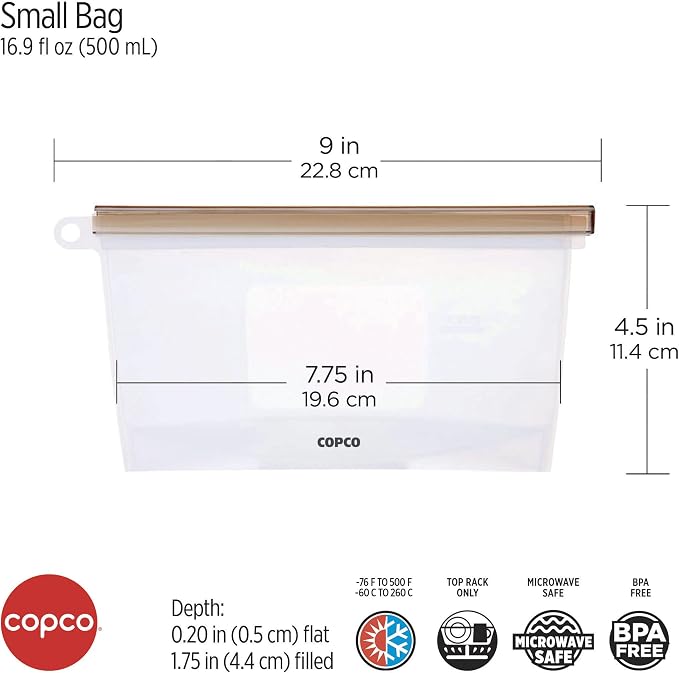 Copco Small Reusable Silicone Food Storage Bag - Sliding Lock Seal, Freezer Microwave Dishwasher Safe, Clear Leakproof Bag for Meal Prep, Lunch, Leftovers, Kitchen Organization