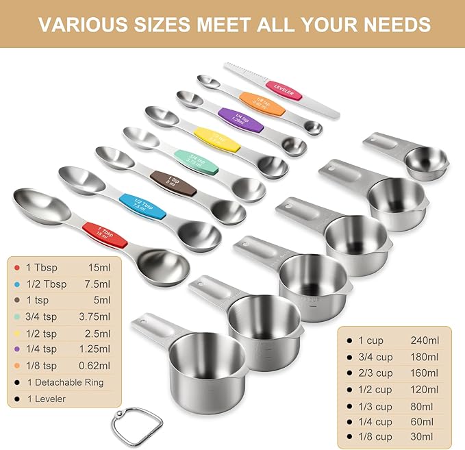 Stainless Steel Measuring Cups & Spoons Set, EWFEN Kitchen Tools Nesting Measuring Cups and Spoons, Fits in Spice Jars for Baking & Cooking, BPA Free, Set of 15 with Leveler, Multicolor
