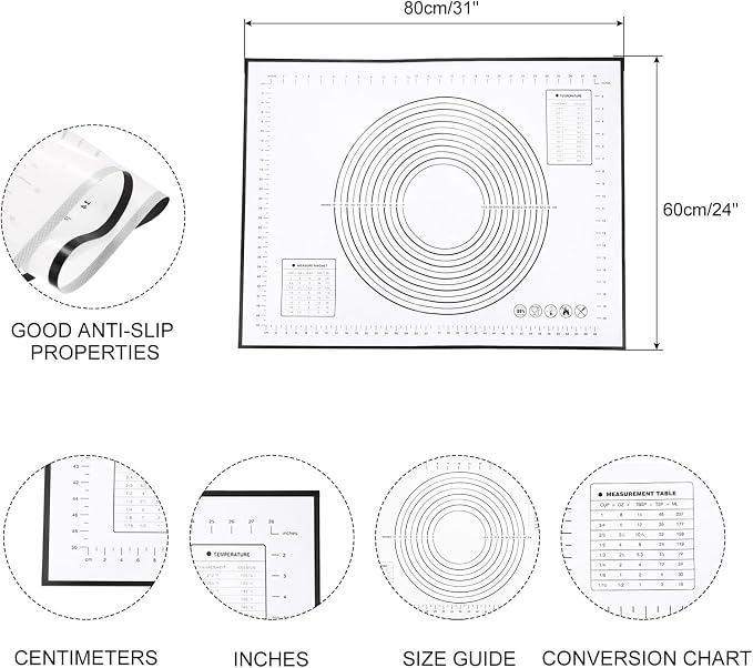 uxcell Silicone Baking Mat, 24 x 31 Inch Non Stick Pastry Mat Sheet, Counter Mat Reusable Oven Baking Mat for Pastry Rolling Dough with Measurements, Black