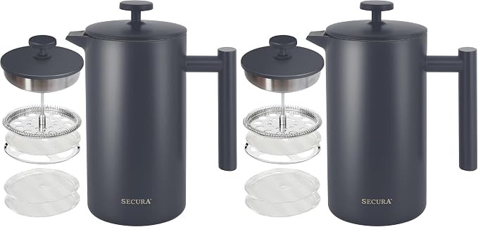 Secura French Press Coffee Maker, 304 Grade Stainless Steel Insulated Coffee Press with 2 Extra Screens, 34oz (1 Litre), Grey (Pack of 2)