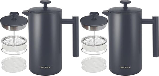 Secura French Press Coffee Maker, 304 Grade Stainless Steel Insulated Coffee Press with 2 Extra Screens, 34oz (1 Litre), Grey (Pack of 2)