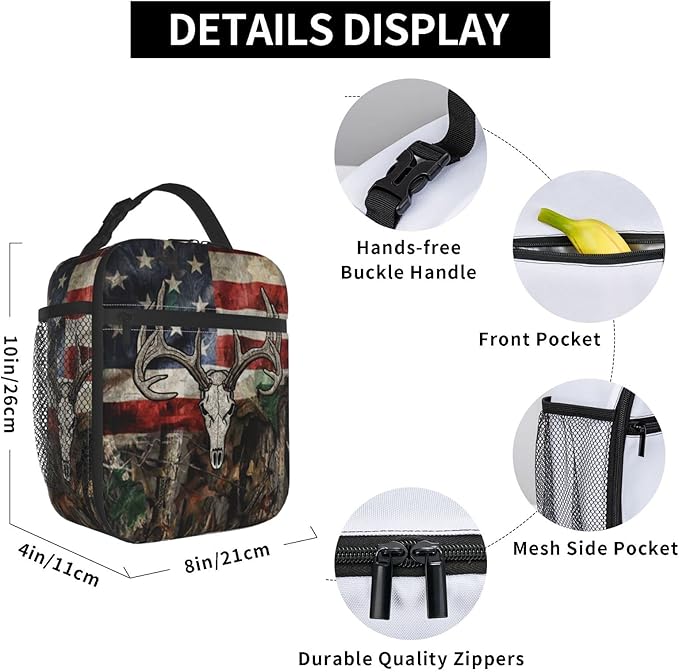 Gianlaima Camo Camouflage American Flag Skull Deer Insulated Lunch Box For Women Man, Portable Lunch Bag Reusable Cooler Tote For Office Work Travel Picnic Camping Beach