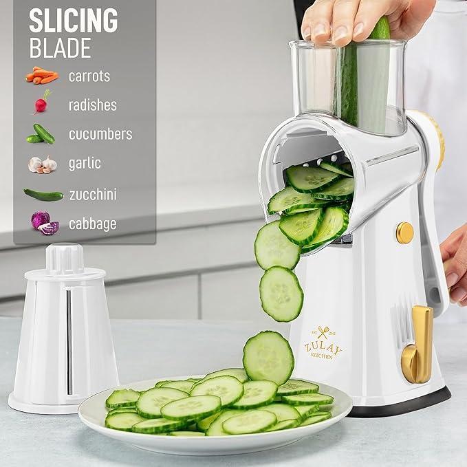 Zulay Kitchen Rotary Cheese Grater 5 Blade Cheese Shredder - Manual Hand Crank Cheese Grater With Reinforced Suction & 5 Interchangeable Drums - Easy to Use, Vegetable Chopper Round Mandoline Slicer
