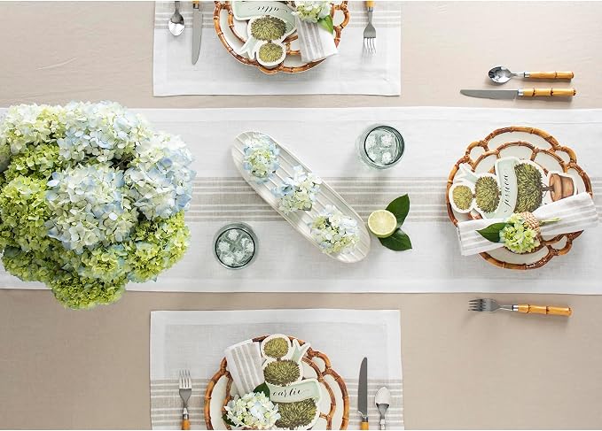 Solino Home Linen Striped Table Runner 108 Inches Long - Farmhouse 100% Pure Linen Natural and White Dining Table Runner 14 x 108 Inch for Summer