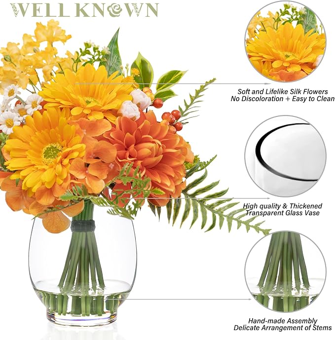 Artificial Flowers in Vase with Fake Water, Faux Silk Dahlia & Gerbera Daisy Flower Arrangements for Spring & Summer Home Wedding Birthday Wedding Party Dining Table Decor & Gift (Yellow & Orange)
