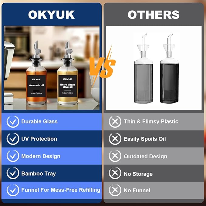 OKYUK Olive Oil Dispenser Bottle & Oil Sprayer for Cooking, Oil and Vinegar Dispenser Set, with Bamboo Tray, 20 Labels, Coffee Syrup Dispenser Oil Bottles for Kitchen