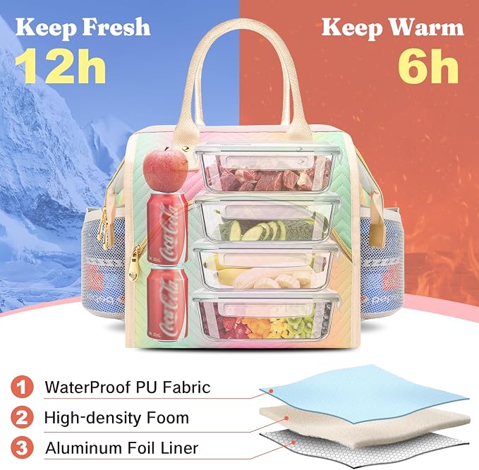LOKASS Lunch Bag for Women, Insulated Lunch Box, 12L Large Capacity Wide Open Lunch Tote, PU Leather Leakproof Thermal Lunch Bag for Office Work Daily Use
