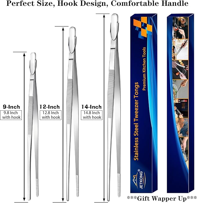 JETKONG 9 12 14 Inch Extra Long Kitchen Tweezers Heavy Duty Stainless Steel Cooking Tweezers, Set of 3 (Point Tips, Silver)