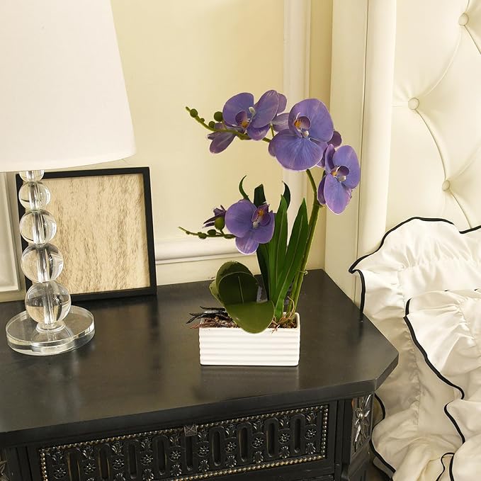 Artificial Real Touch Orchid Flowers in Pot Fake Phalaenopsis Flower with White Ceramic Vase Faux Orchids Arrangement for Home Table Office Wedding Party Decoration (Lavender)