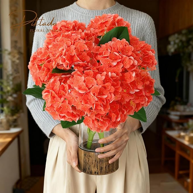 A Bunch 20in, Real Touch Hydrangea Artificial Flowers, with 5pcs Flower Head 8pcs Leaves, Faux Hydrangea Flowers for Home Office Decor Wedding Party Arrangements (1, Orange-red)