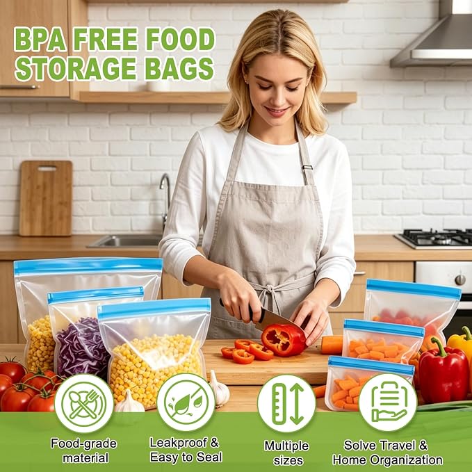 12 Pack Silicone Bags for Food Storage,Reusable Silicone Food Storage Bags,Freezer, Microwave & Dishwasher Safe,Reusable Freezer Food Bags, Leakproof-4 Gallon 4 Snack 4 Sandwich Bags,Blue