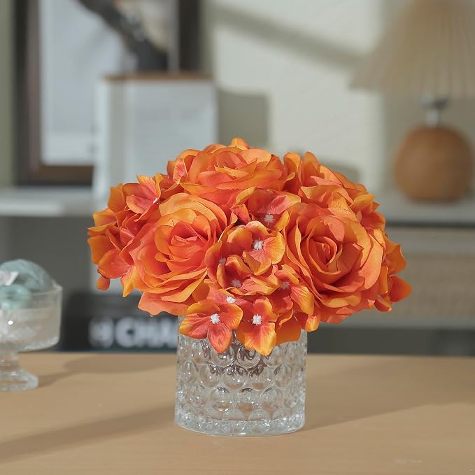 Rose Silk Flower Arrangement Artificial Vivid Rose in Glass Vase with LED Light Elegant Centerpiece for Home Wedding Bathroom Table Shelf Decoration (Orange)