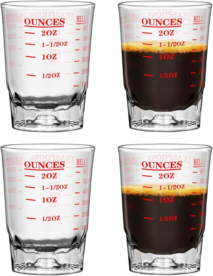 4Pcs 2 OZ 4 Features Shot Glasses Measuring cup Liquid Heavy Glass Wine Glass Espresso Shot -Incremental Measurement Heavy 60ML (4, red)
