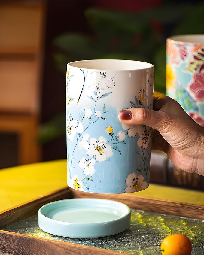 Utensil Holder for Kitchen Counter, Large Ceramic Utensil Holder Crock with Drain Tray, Hand-Painted Floral Rustic Farmhouse Kitchen Crock, Perfect for Women, Christmas, Hostess Gifts & Fall Decor
