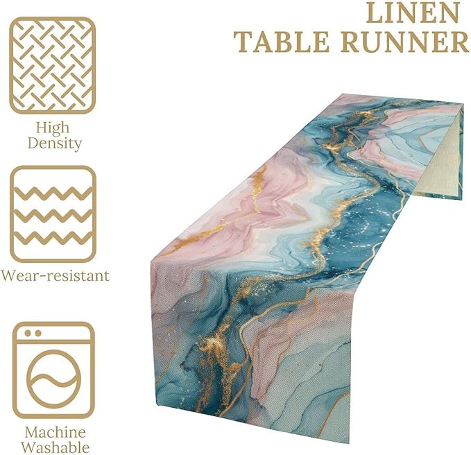 Marble Table Runner, Modern Luxury Foil Texture Pink Blue Gold Marble Printed Linen Table Runners for Kitchen Living Room Farmhouse Dining Room Party Home Decor 13" W x 60" L