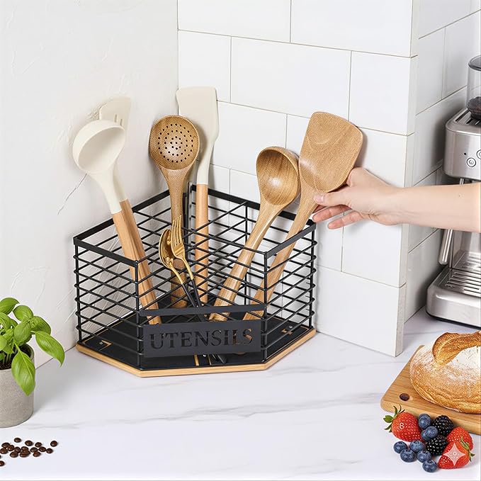 Large Kitchen Utensil Holder with 4 Compartments,Corner Utensil Caddy for Countertop With Waterproof and non-slip silicone mat.