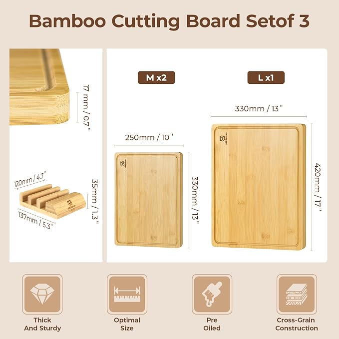 Piklohas Large Bamboo Cutting Boards Set of 4 for Kitchen, Bamboo Charcuterie Chopping Board with Holder Non Slip, Steak Serving Tray with Juice Groove, Big Butcher Block for Cheese, Ideal for Gift