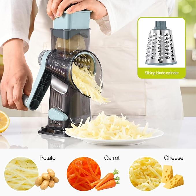 Rotary Cheese Grater, 3-in-1 Shredder for Cheese Vegetables Nuts with Hand Crank - Interchangeable Stainless Steel Blades, Strong Suction Base, Finger-Safe Design, BPA Free, Blue