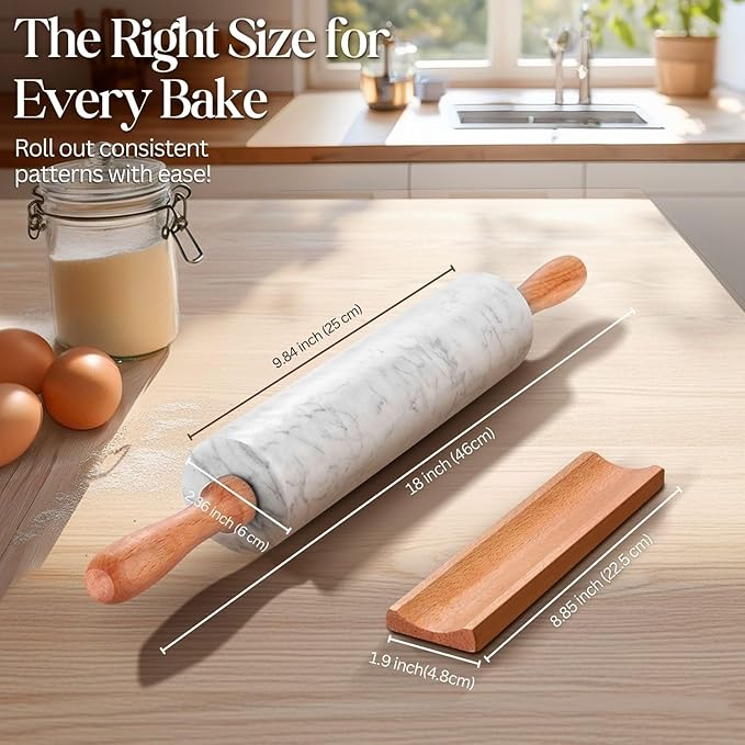 Flexzion Marble Rolling Pin Heavy Nonstick Stone Dough Roller - 10 Inch Polished Barrel with Wooden Handles & Cradle Stand for Baking Pastry Bread Pizza Cookies Pie Crust Pasta Tortillas (White)