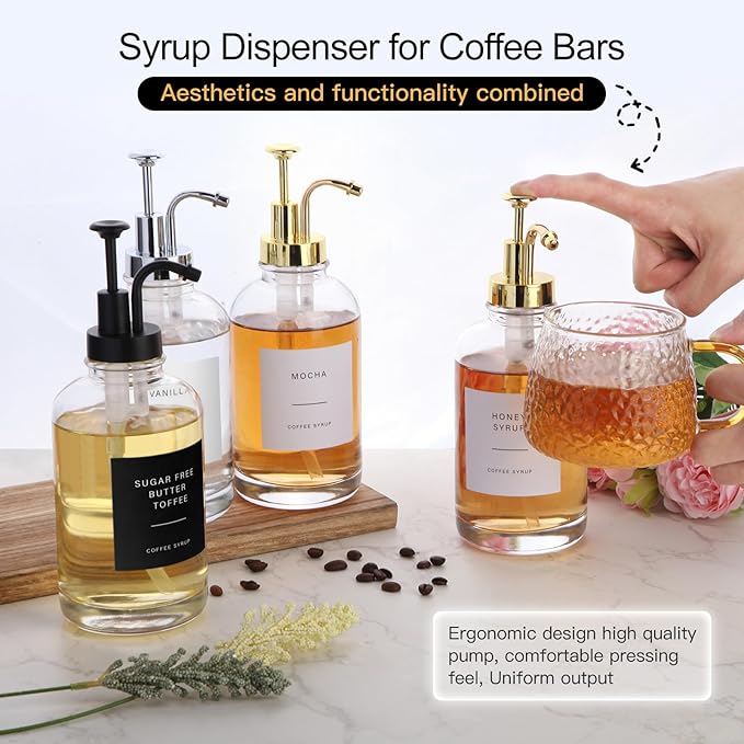 Coffee Syrup Dispenser-4pack,16.9 oz 500ml,Coffee Bar Accessories,Syrup Pump Dispenser for Coffee Bar,Contains Cleaning Tools, Funnel