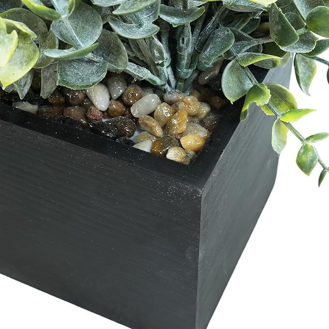 Winlyn 14" Artificial Eucalyptus Arrangement Faux Eucalyptus Plants in Black Rectangular Wooden Planter Box Artificial Potted Plant for Farmhouse Home Wedding Table Centerpiece Shelf Greenery Décor