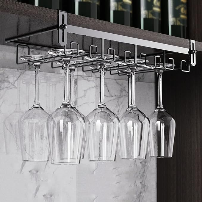 V3VOGUE Under Cabinet Wine Glass Rack, Punch-Free Stemware Rack, Hanging Stemware Holder, Adjustable Under Shelf Glasses Storage Hanger, Metal Organizer, for Cabinet Kitchen Bar