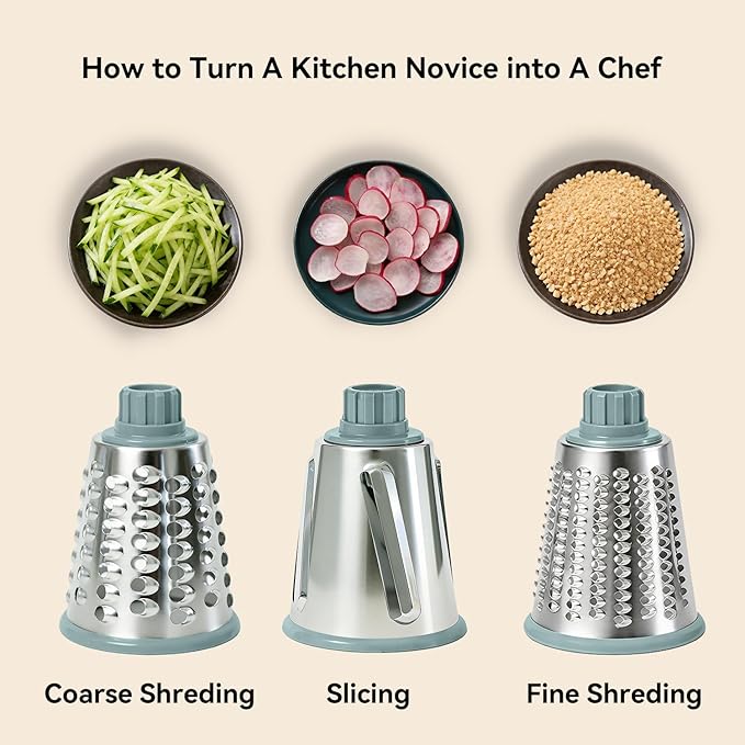 Rotary Cheese Grater Shredder Slicer - 3-in-1 Handheld Crank with Food Pusher for Hard Cheese, Vegetables, Chocolate - Ergonomic Hand Crank, Dishwasher Safe Gray Cyan