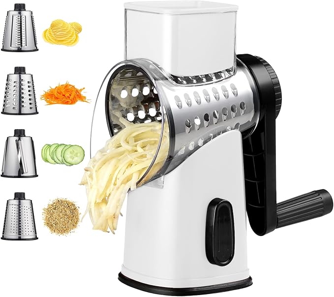 Rotary Cheese Graters with 4 Blades, Hand Crank Cheese Grater with Waffle Slicer, Red, Black and White Cheese Shredder with Suction Base, Easier for Shredding & Grating (White)