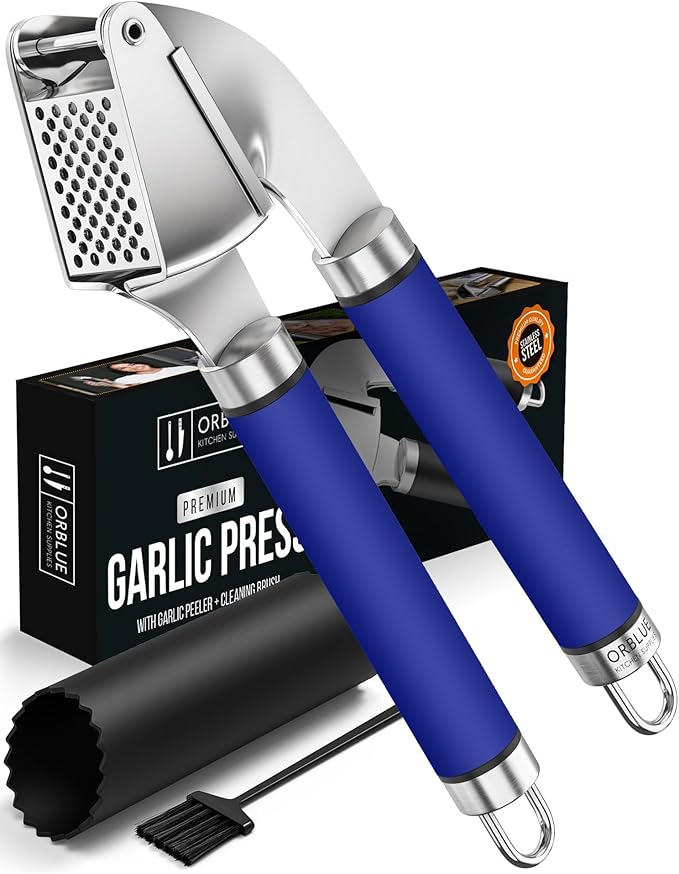 ORBLUE Garlic Press and Peeler Set, Stainless Steel - Professional Grade Mincer, Crusher - Dishwasher Safe & Rust-proof, Blue