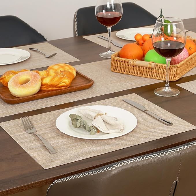 Myir JUN Placemats Set of 10, Vinyl Woven Placemats Place Mats Indoor Set of 10 Washable Table Mats Non-Slip Place mats for Dining Table (A-Beige)