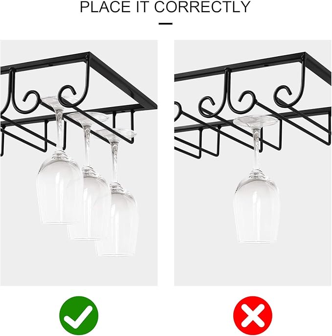 MOCOUM Under Cabinet Stemware Hanger, Glass Holder Storage Hanger for Cabinet Kitchen Bar (Black, 4 Rows 2 Pack)