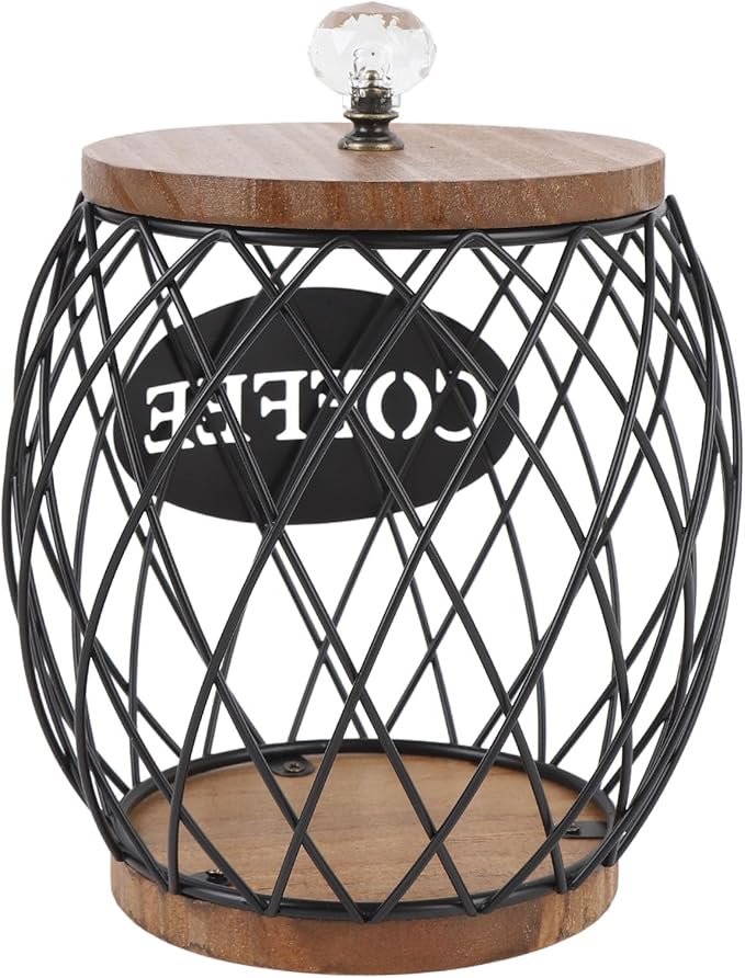 Large Capacity Coffee Capsule Organizer K Cup Storage Holder with Lid, Iron Wire Basket Wood Base for Kitchen Cafe Bar Coffee Bar Accessories BLACK