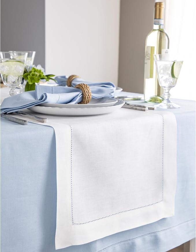 Solino Home Linen White Table Runner 108 Inches Long - 100% Pure Linen 14 x 108 Inch Table Runner for Summer, 4th of July - Classic Hemstitch