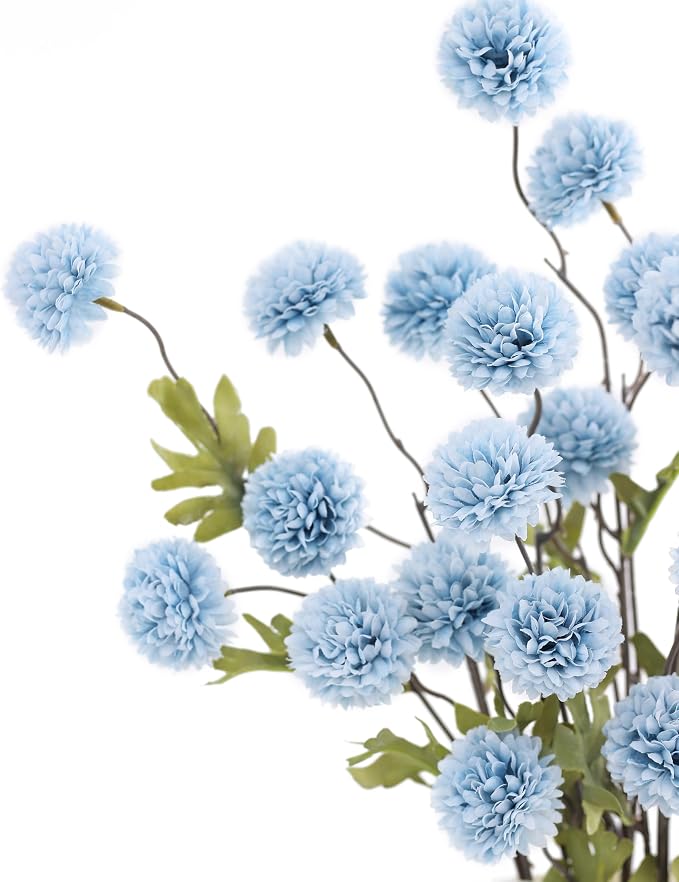 DuHouse 6pcs Artificial Flowers Faux Silk Pompon Mum,Silk Small Mini Chrysanthemum Ball with Stems for DIY Wedding Bouquets Centerpieces Vase Home Table Kitchen Decorations(Sky Blue)
