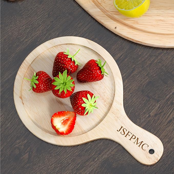 Rubber Wood Board with Handle, Round Serving Board, Dining Board, Chopping Board for Meat, Cheese Board, Vegetables, Bread, Charcuterie, Small 10.6"x7"x0.6"