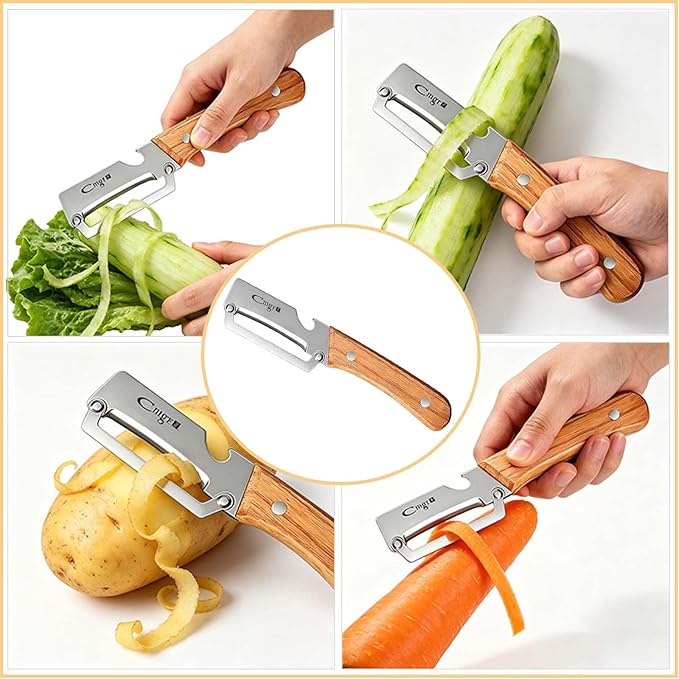 Multifunctional Vegetable Peeler, Wooden Handle & Bottle Opener Stainless Steel Potato Peeler, Kitchen Peeler for Fruits and veggies(Left hand)