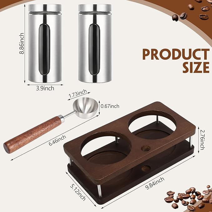 Suclain Stainless Steel Coffee Grounds Canisters with Shelf 2 x 50oz Sugar Coffee Bean Storage Container with Airtight Threaded Lid Glass Window Scoop Kitchen Jar Set for Bar Creamer Nut Tea