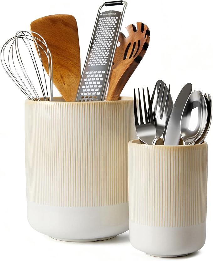Pokini Utensil Holder, 7.3"+5.3" Ceramic Cooking Utensil Holder for Kitchen Counter, Kitchen Utensil Holder for Countertop, Farmhouse Heavy Large Utensil Crock Organizer for Spatulas, Spoons, Beige