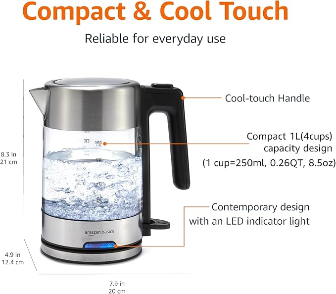 Amazon Basics Electric Kettle with Glass Carafe for Tea and Coffee, Fast Boiling, Auto Shut-Off, Boil-Dry Protection, Temperature Control, Removable Filter, 1 Liter, 1500W, BPA-Free