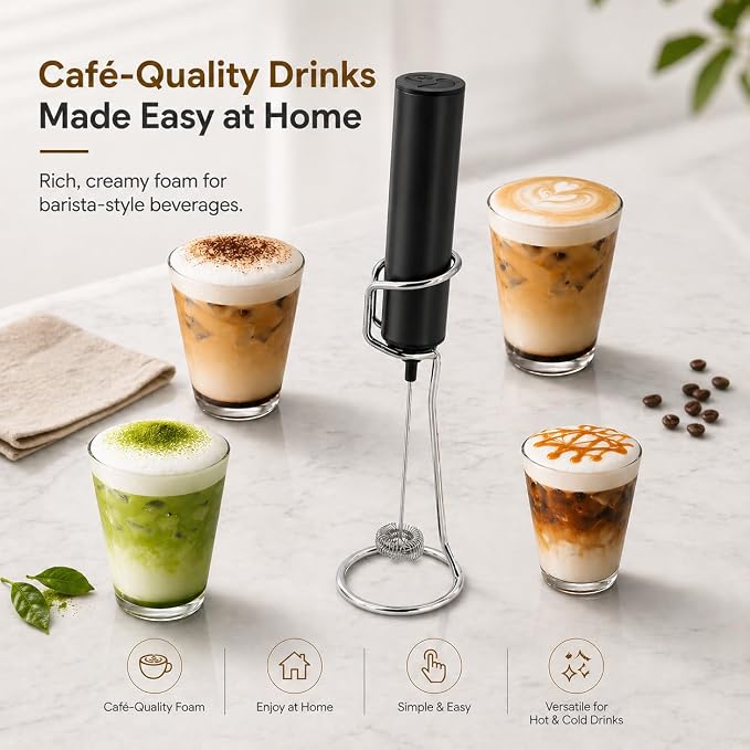 Rechargeable Milk Frother with Stand, Electric Whisks Foam Maker, POWERFUL USB C 2 Speed Handheld Drink Mixer for Coffee, Latte, Cappuccino, Matcha Drinks,Black