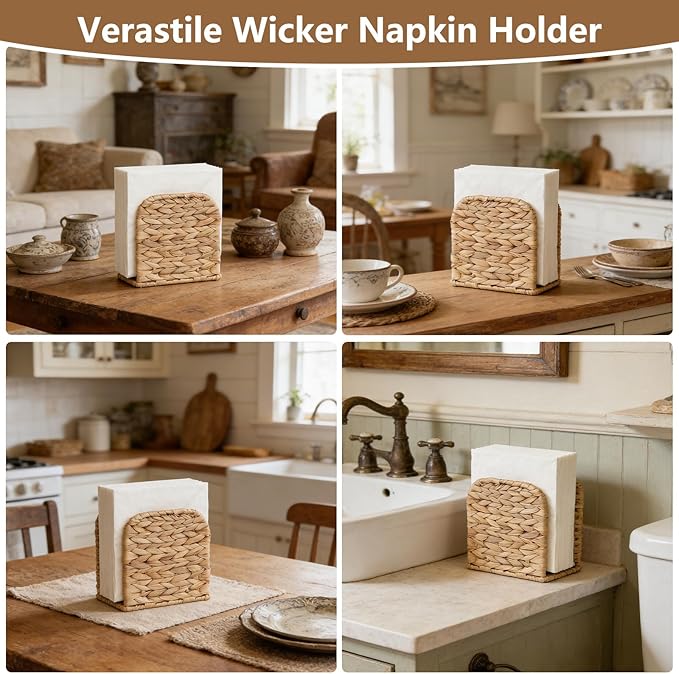 2 Pack Water Hyacinth Napkin Holder for Table, Handwoven Wicker Upright Napkin Holder, Boho Farmhouse Paper Napkin Holder for Kitchen Countertop Dining Room Party