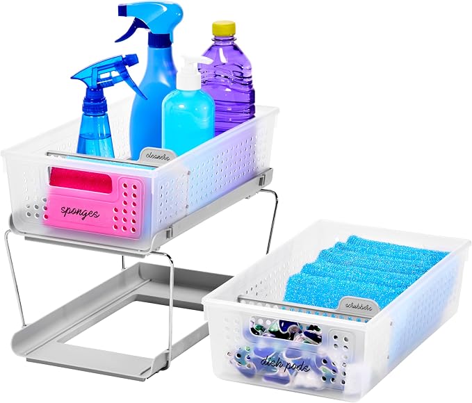madesmart 2 Tier Organizer, Under Cabinet Storage with Pull Out Sliding Drawers, for Cleaning Supplies, Pantry, Undersink, Sponges, Bottles & Bath, Adjustable Dividers & Pull Out Baskets, Frost