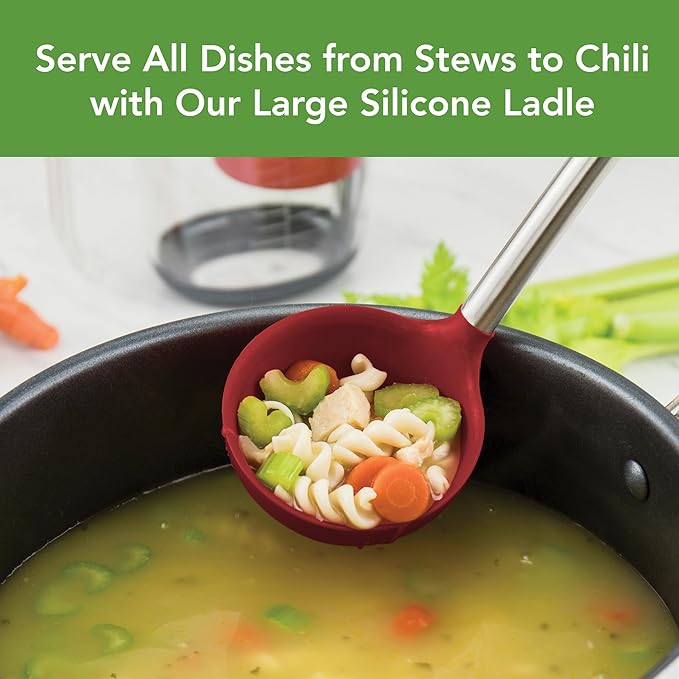 Tovolo Silicone Ladle With Stainless Steel Handle Deep Soup Ladle for Cooking Canning Serving Soup Punch Stew Sauce, Large Kitchen Utensil Spoon Dishwasher Safe BPA Free Silicone Cayenne Red