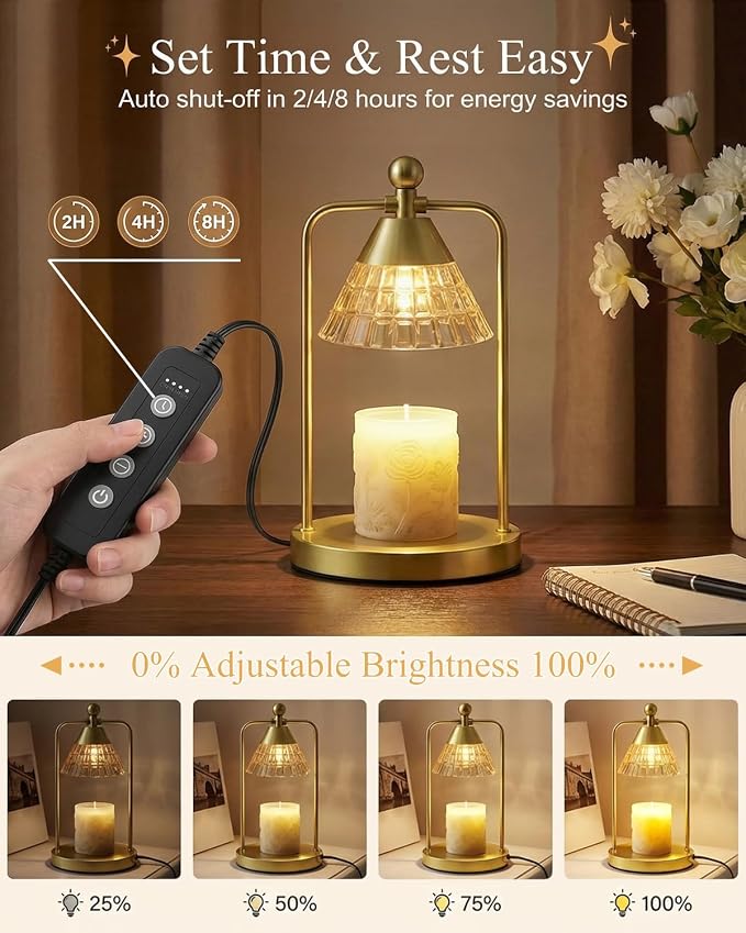 Candle Warmer Lamp with Timer Dimmer, Electric Wax Melt Warmer Lamp for Jar Candles Lights, Candle Lamp Warmer with 2 Bulbs, Birthday Gifts for Women, House Warming Gifts New Home Decor, Gold