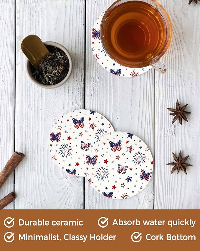 4th of July Coasters Set of 4 Stars Firework Butterfly Slate Drink Coasters with Holder Absorbent Stone Ceramic Cup Mat Blue Red Independence Day Coasters for Drinks Coffee Bar Office Decor Gifts