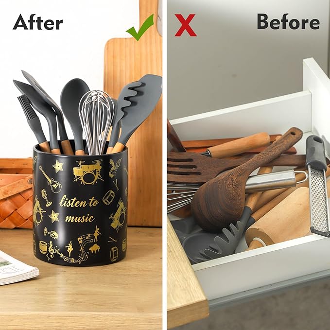 7" Music Utensil Holder, Large Kitchen Utensil Holder Organizer , Black Stable Utensil Crock Spatula Holder for Kitchen Counter Countertop Farmhouse Cooking Tools Holder（Black