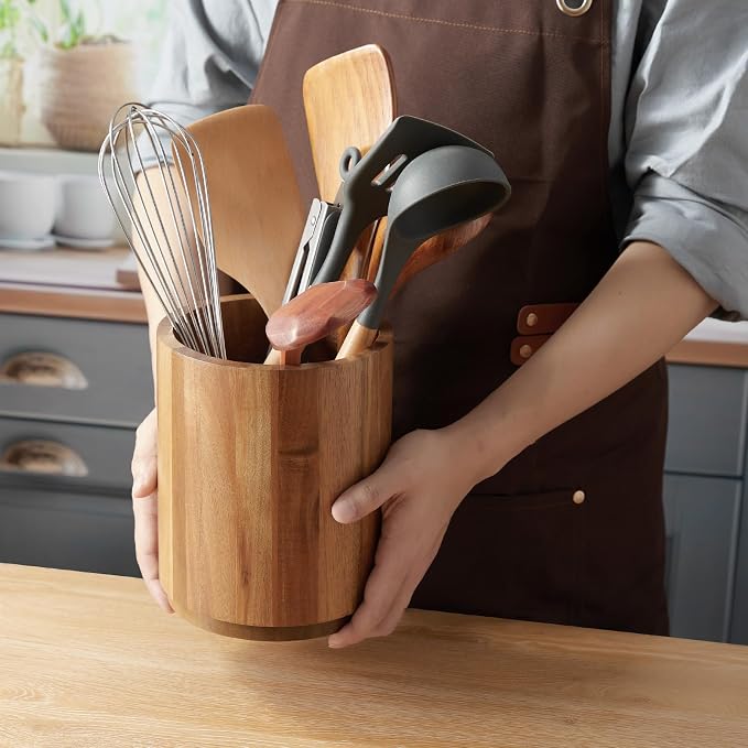 Bivvclaz Acacia Wood Utensil Holder, 360°Rotating 7.2" Utensil Holder for Kitchen Counter, Large Kitchen Utensil Holder, Cooking Utensil Crock for Countertop, Farmhouse Kitchen Decor and Accessories