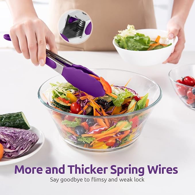 600ºF Heat Resistant Kitchen Tongs: U-Taste 9 inch Silicone Cooking Tong with Firm Sealed Non Stick Rubber Tips & Silicon Coated 18/8 Stainless Steel Handle & Smooth Locking for Serving Grill (Purple)