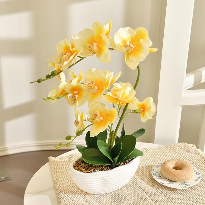 19" H Phalaenopsis Faux Orchid Plant Silk Orchid Centerpiece Artificial Floral Arrangement in Ceramic Pot (Yellow)