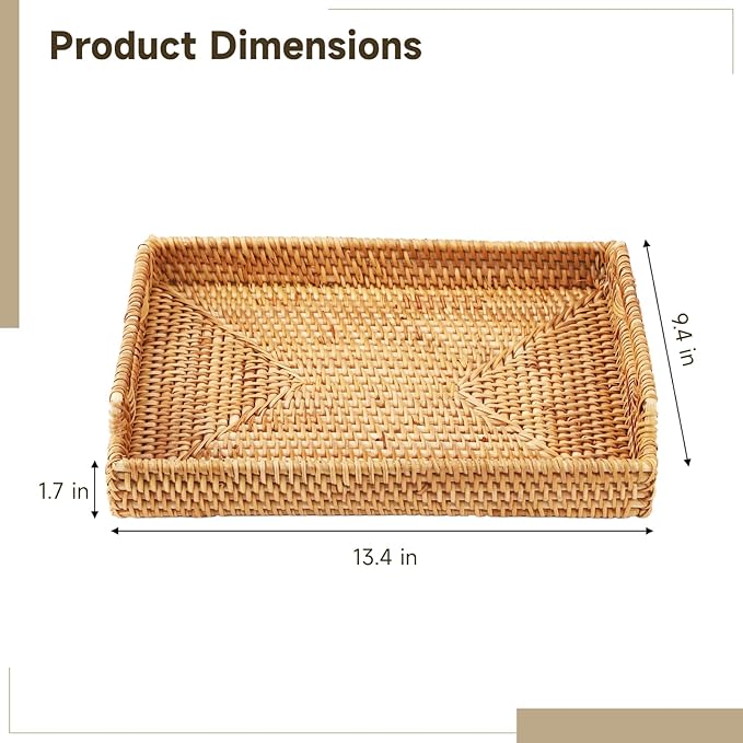 Rattan Serving Tray with Handles, 13.4 x 9.4 x 1.7 in Coffee Table Tray, Vintage Wicker Table Trays for Decor, Suitable for Kitchen, Living Room, or Breakfast in Bed